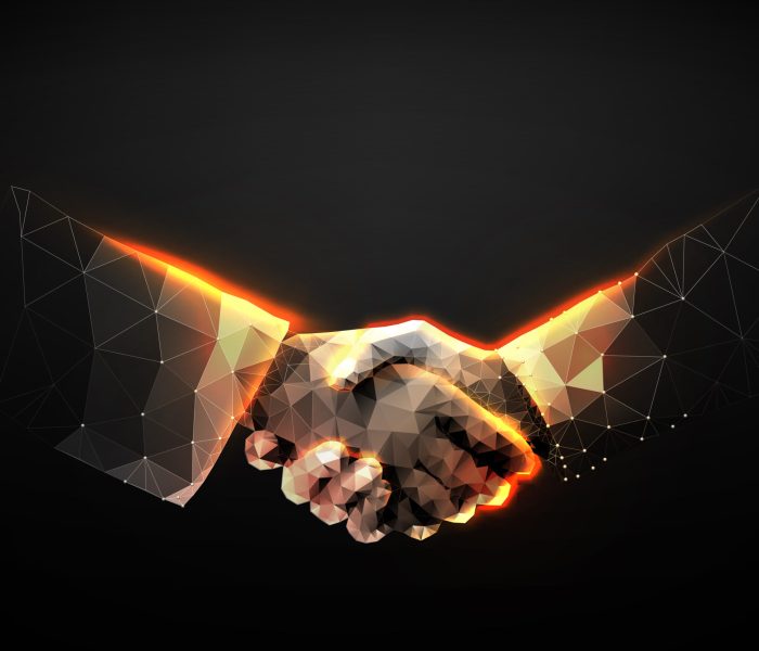 Abstract image two hands handshake in the form of a starry sky or space, consisting of points, lines, and shapes in the form of planets, stars and the universe. vector Futuristic concept. Blockchain